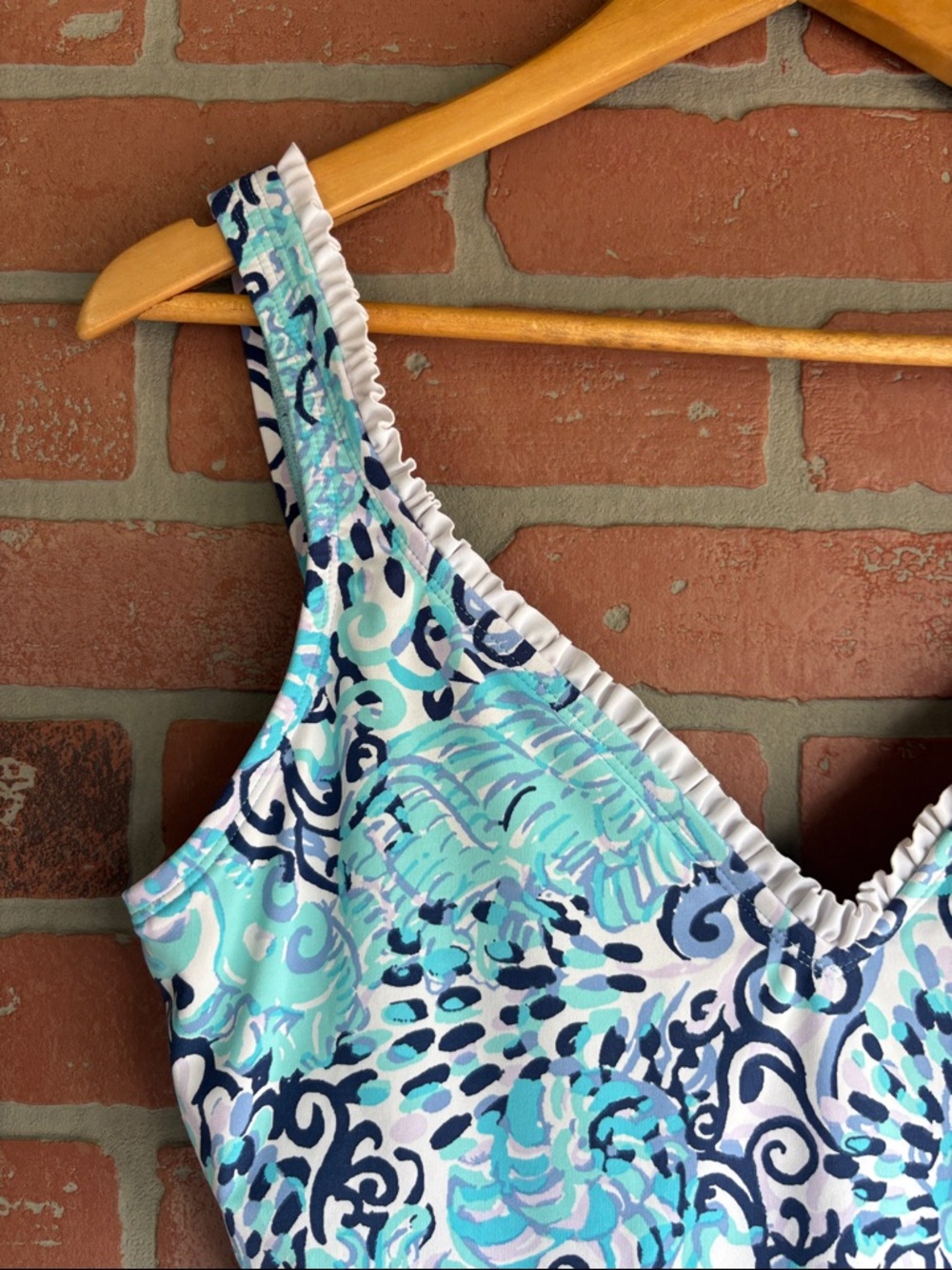 Lilly Pulitzer Araza Light Blue & Navy Floral V-Neck One-Piece Swimsuit - Picture 3 of 6